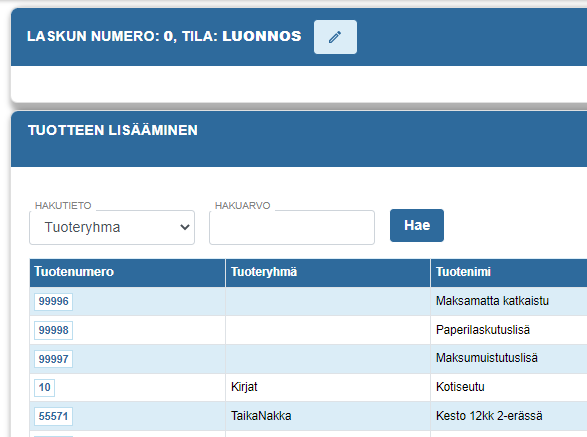 myyntituotteen lisääminen